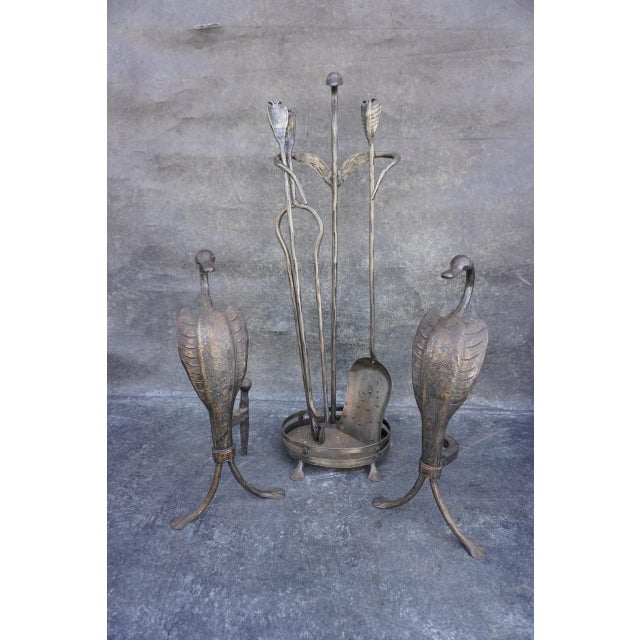 Early 20th Century Original Cahill Iron Works Waterfowl Fireplace Andirons and Tool Set For Sale In Los Angeles - Image 6 of 8