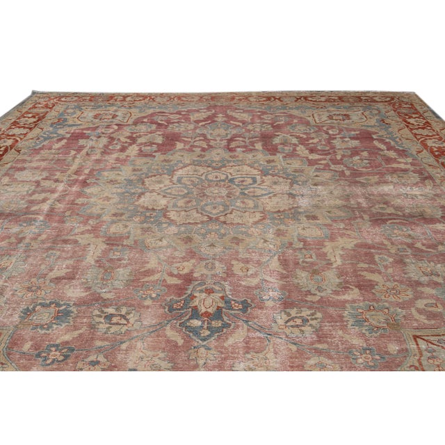 Persian Antique Persian Tabriz Red and Blue Handmade Medallion Floral Wool Rug For Sale - Image 3 of 10