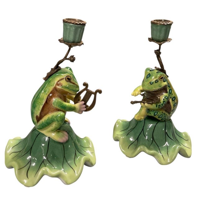 Metal Pair of Vintage Whimsical Ceramic and Bronze Patinated Metal Musical Frog Candle Holders For Sale - Image 7 of 12