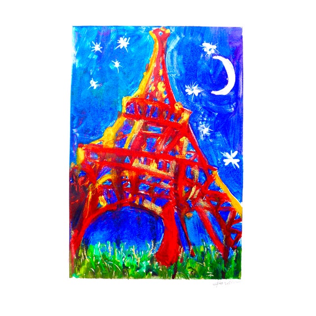 2020s Eiffel Tower at Night -Original Painting on Paper For Sale - Image 5 of 6