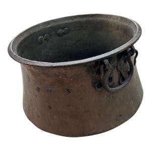 Primitive Antique 19th Century French Dovetailed Copper Cauldron Stock Pot Kettle Wrought Iron Handles