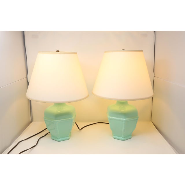 Mint Vintage 1970s Mint Green Ceramic Table Lamps, Pair With Cream Shades For Sale - Image 8 of 10