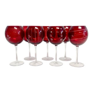 Vintage Art Deco Hollywood Regency Ruby Cheers Balloon Wine Glasses - Set of 7 For Sale