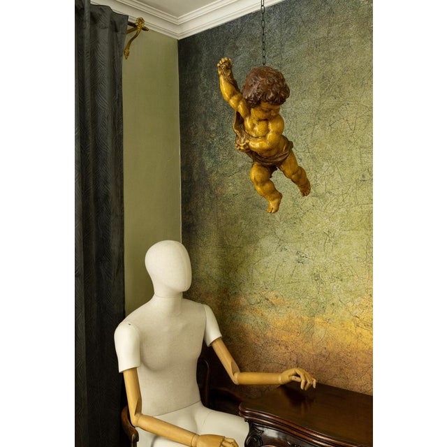 Brown German Baroque Revival Style Polychromed Carved Wood Putto Figure For Sale - Image 8 of 18