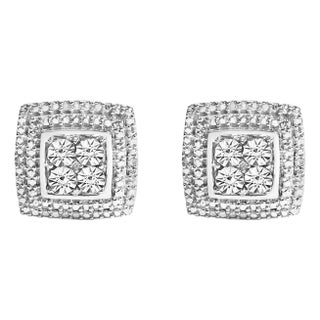 .925 Sterling Silver Diamond Accented Square Shaped Milgrain Stud Earrings (I-J Clarity, I3 Color) For Sale