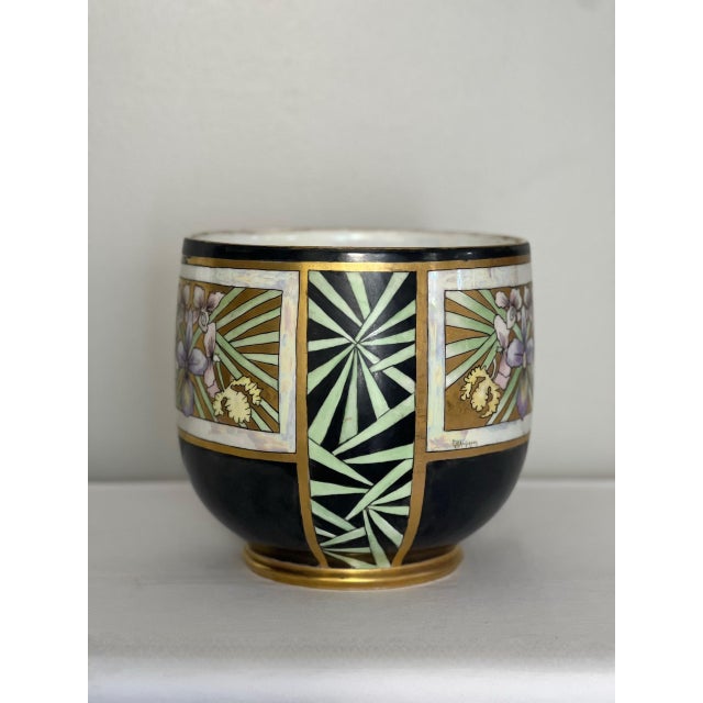 Early 20th Century Early 20th Century Art Deco Period Limoges Porcelain Cachepot With Iridescent Glaze and Gilt For Sale - Image 5 of 12