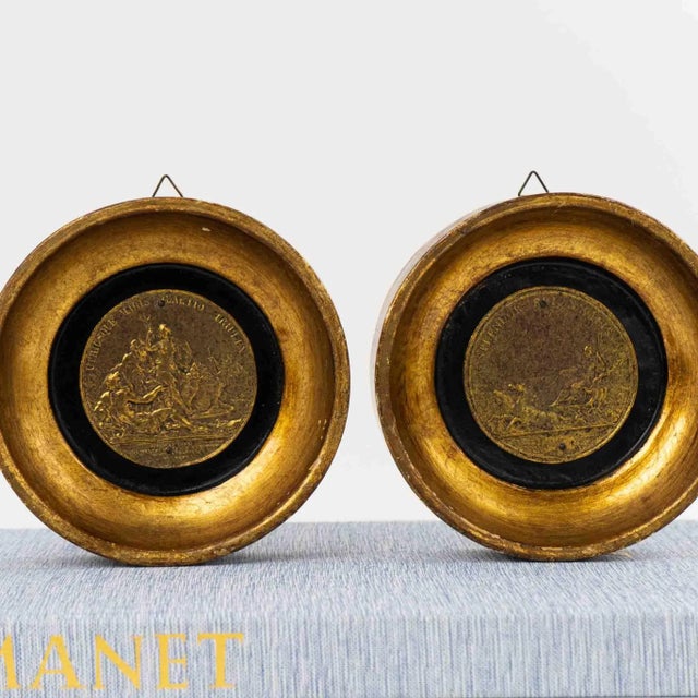 Vintage Italian Gold Frame Brass Coin Wall Art - A Pair For Sale - Image 11 of 12