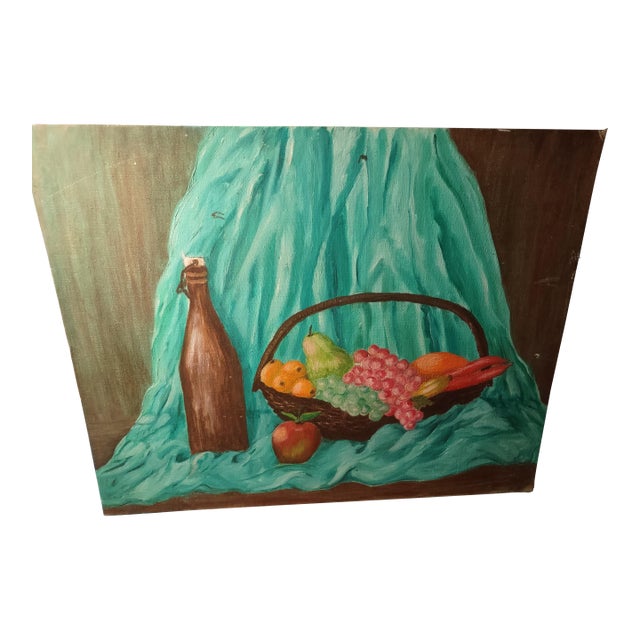 Original 1968 Danish Modern Still Life Oil Painting by Montez - Vintage Fruit & Bottle For Sale