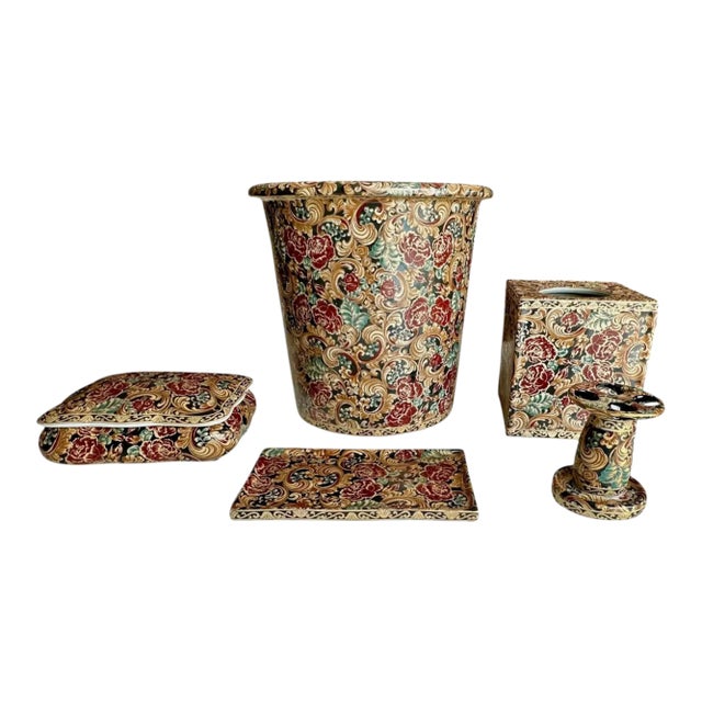 Chinese Bathroom Accessory Set Floral Porcelain Vintage For Sale