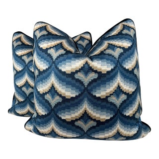 Lee Jofa "Giles Embroidery" in Indigo 22" Pillows-a Pair For Sale