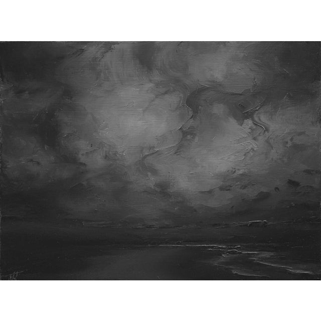 Shores of Next Year by Todd Carpenter | Oil on Board Black and white seascape with cloudy sky. For Sale