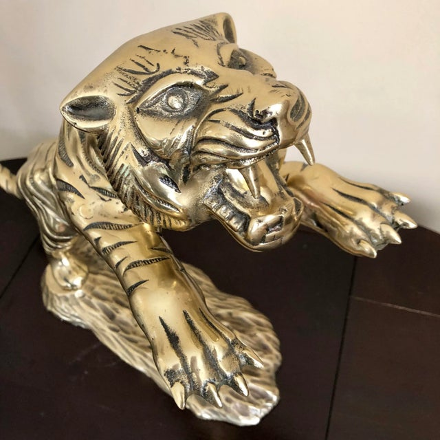 Art Deco Vintage Polished Brass Leaping Tiger Statue For Sale - Image 3 of 7