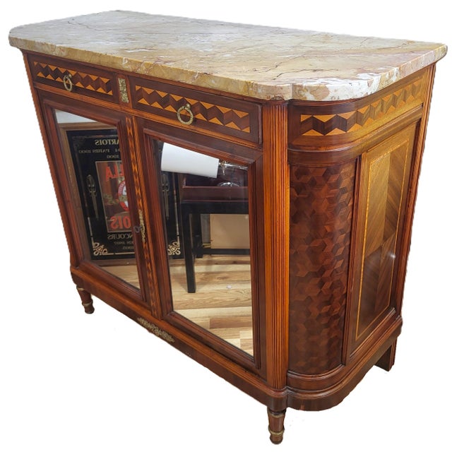Antique French Louis XVI Inlaid Marble Top & Mirror Door Cabinet Buffet Chest For Sale - Image 4 of 16