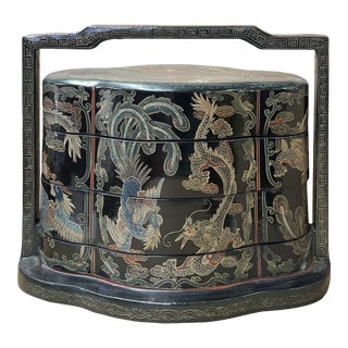 Chinese Black Lacquer Color Phoenix Dragon Graphic Stack Box Basket For Sale