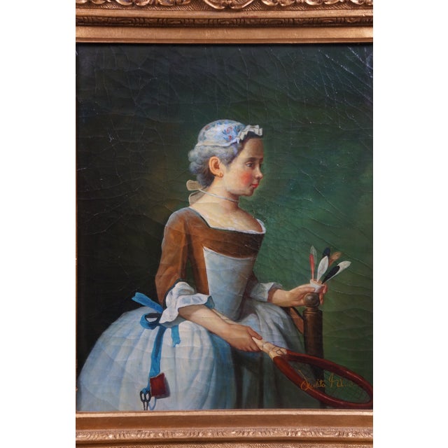 Late 20th Century Girl With Racket & Shuttlecock Oil Painting After Jean Baptiste Siméon Chardin For Sale - Image 9 of 11