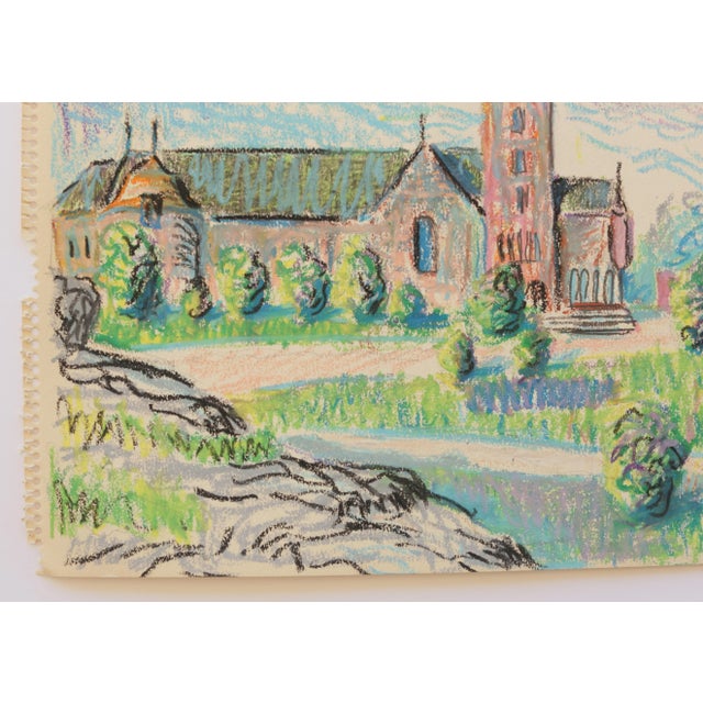 1950s 50s Swedish Folk Art Oil Pastel Painting, Church in Pink, Sky Blue, Purple & Spring Green For Sale - Image 5 of 10