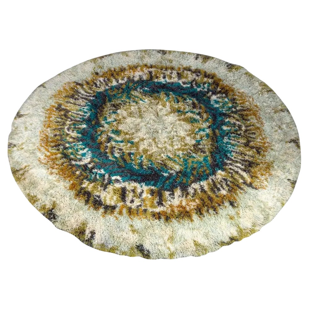 Vintage Circular Beige, Brown and Turquoise Wool Rya Rug, 1970s | Chairish
