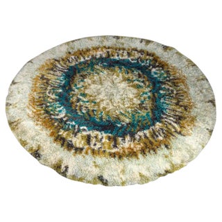 Vintage Circular Beige, Brown and Turquoise Wool Rya Rug, 1970s For Sale