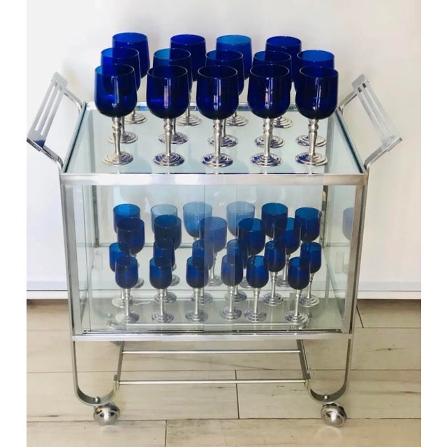 Blue Los Castillo Style Hand-Blown Cobalt Blue Glassware With Pewter Stems Set- 37 Pieces For Sale - Image 8 of 10