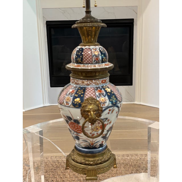 19th Century Japanese Arita Porcelain Vase & Gilt Bronze Lion Head Table Lamp For Sale - Image 13 of 16