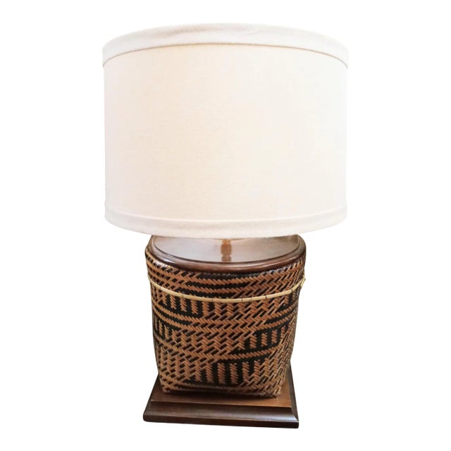 Vintage Wicker Basket and Wood Base Large Table Lamp With Tan Linen Shade For Sale