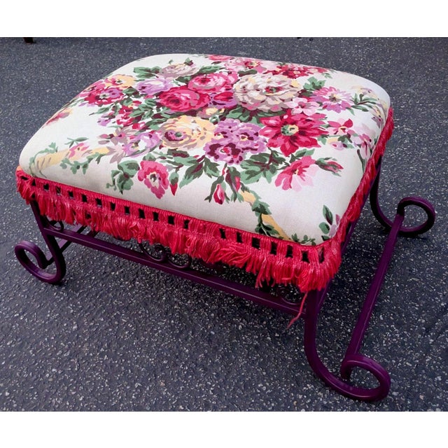 Late 20th Century Vintage Floral Upholstered Cast Iron Framed Ottoman For Sale - Image 4 of 6