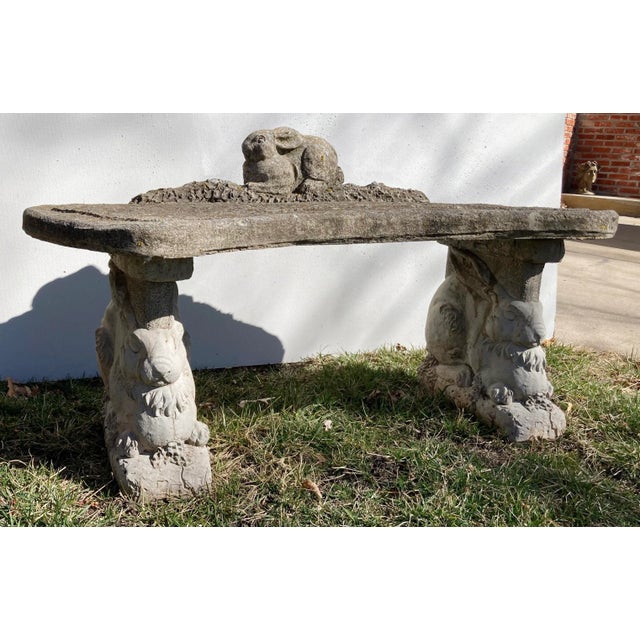 Vintage Bunny Rabbit Motif Concrete Garden Bench | Chairish