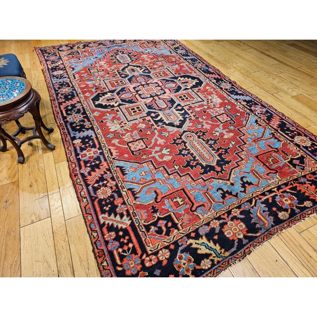 Antique Persian Heriz Serapi Gallery Rug, Hand-Knotted Wool, Geometric Medallion Pattern, Red & Blue, 7x12 For Sale - Image 10 of 11