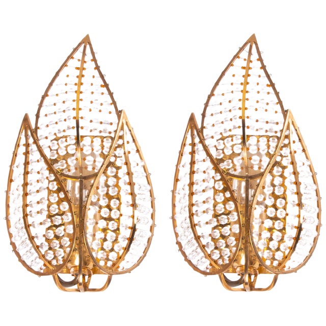 German Wall Sconces in Crystal & Gilt Brass from Palwa, 1960s, Set of 2 For Sale