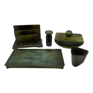 Swedish Patinated Bronze Desk Set from GAB, 1930s, Set of 5 For Sale