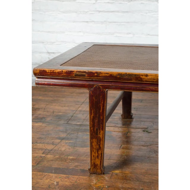 Brown Chinese Qing Dynasty Elm Opium Bed Coffee Table with Rattan Top and Distressing For Sale - Image 8 of 13