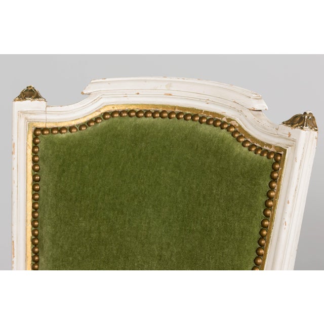 Antique French Louis XVI Style Painted Accent Chair in Moss Green Mohair For Sale - Image 17 of 18