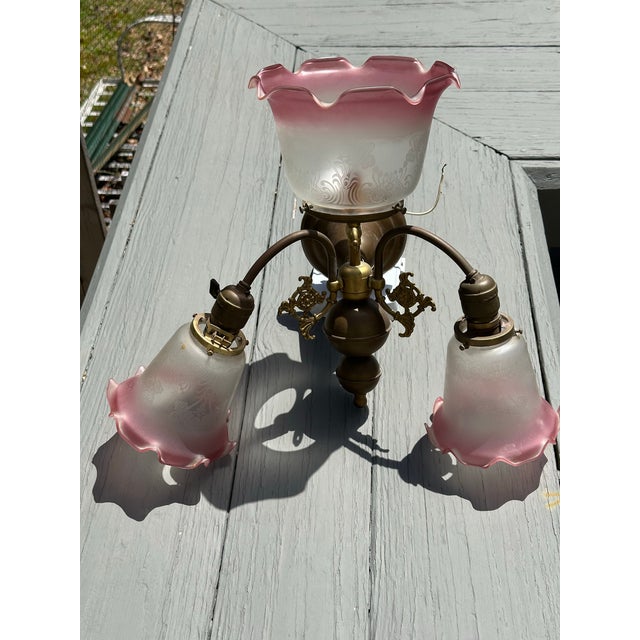 Brass Vintage 3 Light Brass Wall Sconce With Vianne Gas/Electric Shades For Sale - Image 8 of 12
