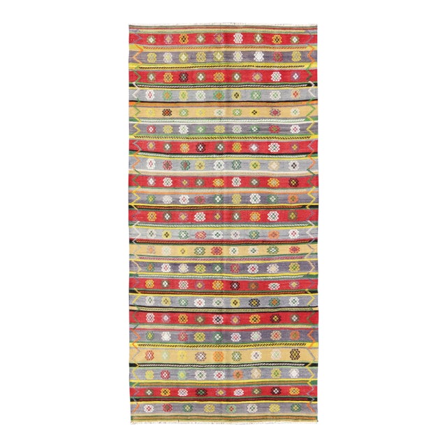 Mid 20th Century Colorful Large Turkish Kilim Carpet With Striped Geometric Shapes Design For Sale