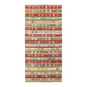 Mid 20th Century Colorful Large Turkish Kilim Carpet With Striped Geometric Shapes Design