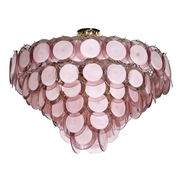 Modernist Hand-Blown Smoked Amethyst Murano & Brass 6-Tier Disc Chandelier For Sale