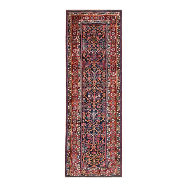 1930s Blue Navy Diamond Tribal Antique N.W.Persian Rug 3' 4" X 10' 3" Handknotted Wool Carpet For Sale