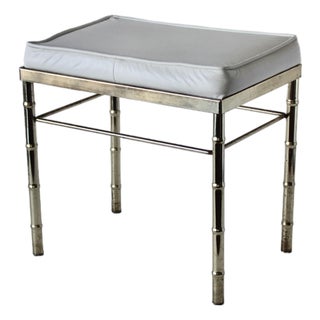 George Koch Style Faux Bamboo Brass Rectangular Padded White Vinyl Seat Vanity Stool Bench Vintage Hollywood Regency For Sale
