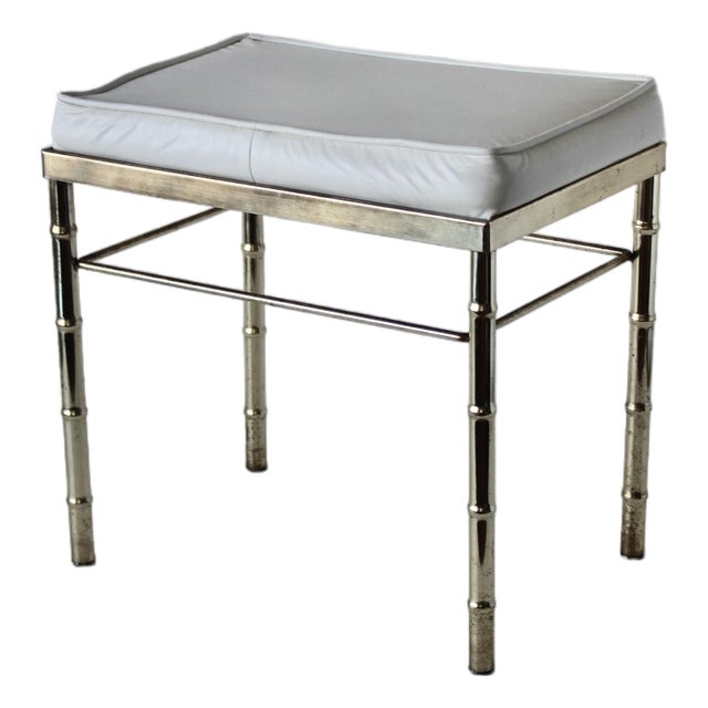 George Koch Style Faux Bamboo Brass Rectangular Padded White Vinyl Seat Vanity Stool Bench Vintage Hollywood Regency For Sale