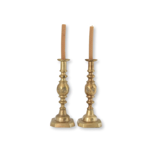 Victorian Victorian 'Good Luck' Brass Candlesticks For Sale - Image 3 of 7