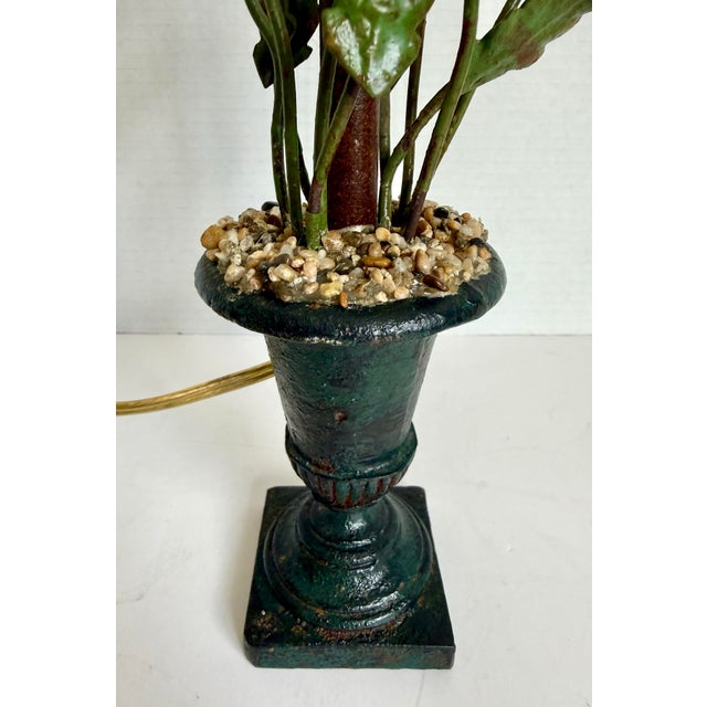 English Vintage Tole Potted Floral Table Lamp With Urn Base & Ruffled Shade, 1970s For Sale - Image 3 of 12