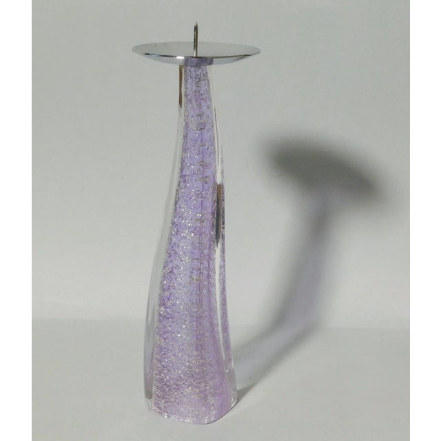 Italian curved Murano candlestick hand blown in lilac purple and clear glass infused with silver specks, made in Italy...