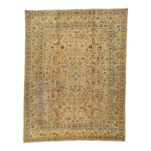 1960s Vintage Persian Tabriz Handmade Medallion Beige Wool Rug 10 X 12