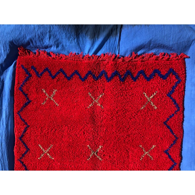 Textile Bold Red Moroccan Wool Shag Rug Beni Ourain, Hand Knotted Boho Chic For Sale - Image 7 of 13