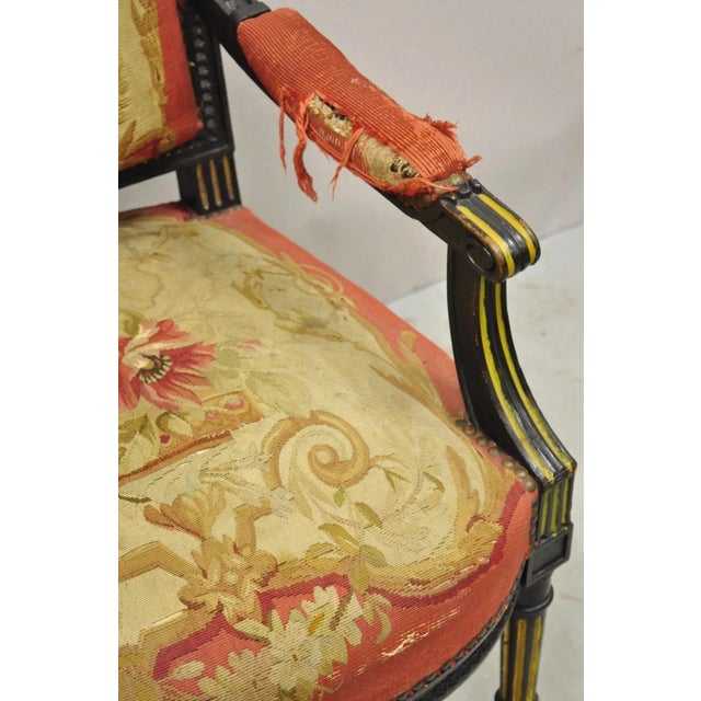 Wood Antique French Empire Black Ebonized Walnut Needlepoint Parlor Arm Chair For Sale - Image 7 of 12