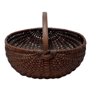 Antique New England Hand Woven Ash Splint Melon Basket For Sale