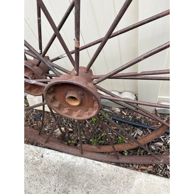 Farmhouse Antique Iron Wagon Wheels - A Pair For Sale - Image 3 of 7