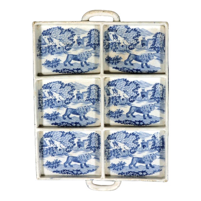 Large Pearlware Blue Printed Tray With the Angry Lion Pattern For Sale