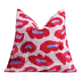 Red & Purple Ikat Velvet Pillow – 16x16in | Luxury Handmade Throw Pillow For Sale
