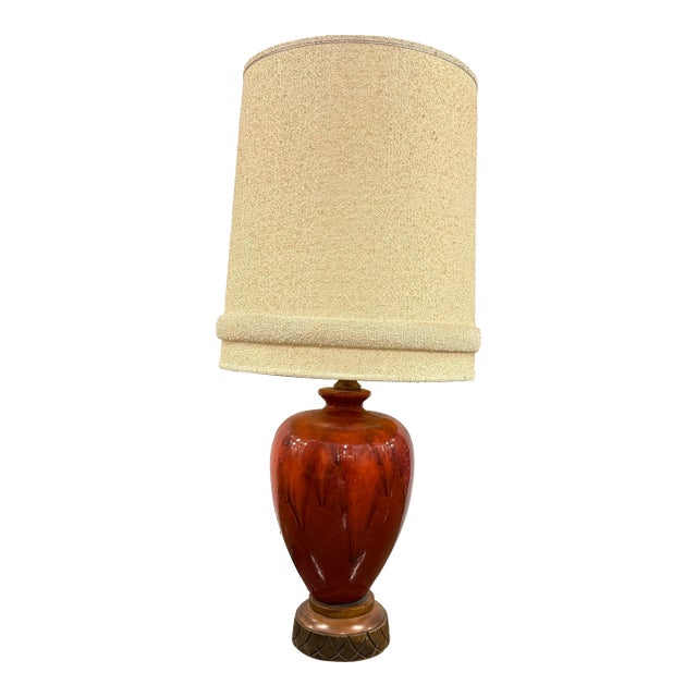 Mid-Century Modern 1960’s Drip Glaze Ceramic Table Lamp With Textured Shade – Retro Rust & Brown For Sale